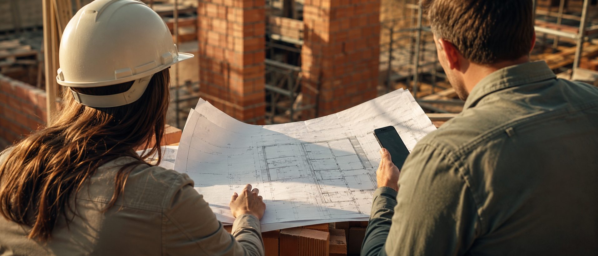 An architect and an owner reviewing an unrolled drawing on site, phone in hand