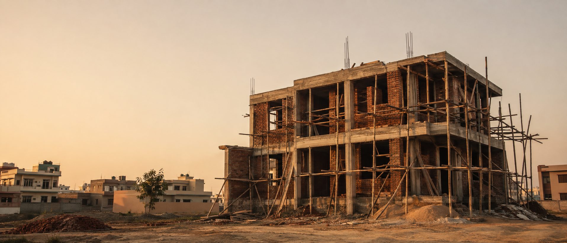 A two-storey brick house under construction at golden hour, wrapped in scaffolding